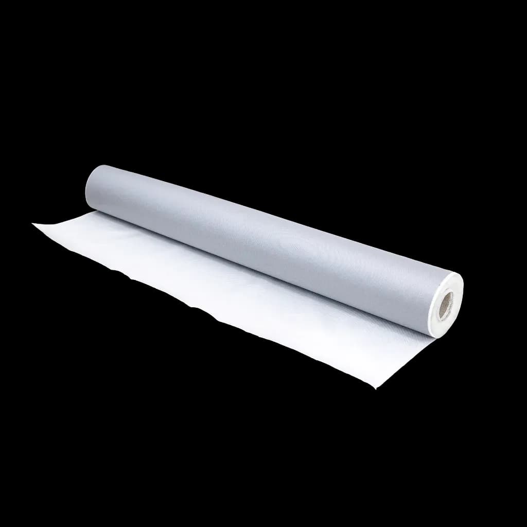 A roll of Termaltex VB fabric, with a light gray upper face and a white translucent inner side, partially unrolled.