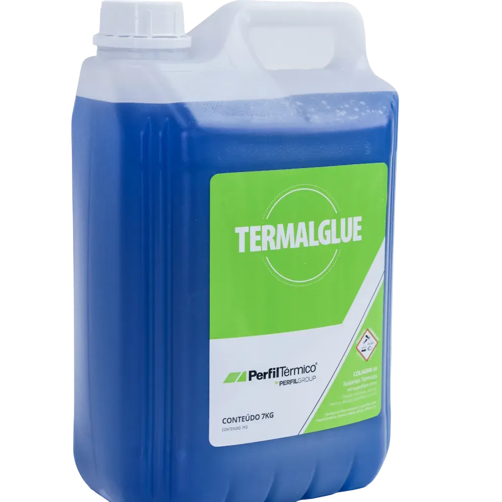 A white plastic container with a handle, containing a blue liquid and featuring a green and white label with the name Termalglue.