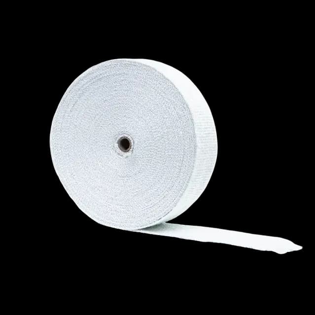 A roll of white insulating tape with a fibrous texture and fabric-like appearance, partially unrolled.