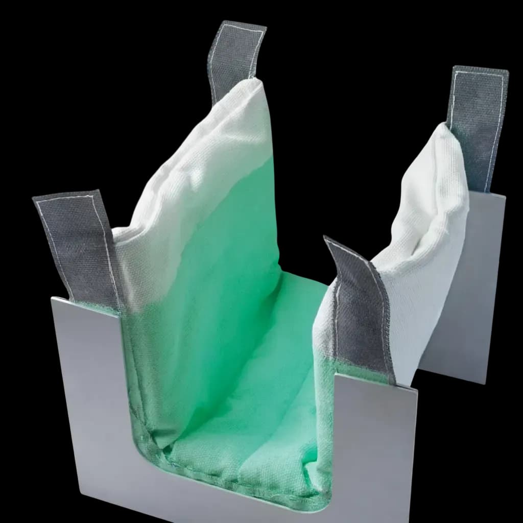 A flexible launder with a green and white padded inner lining, designed to fit into a metal channel and featuring gray fastening straps.