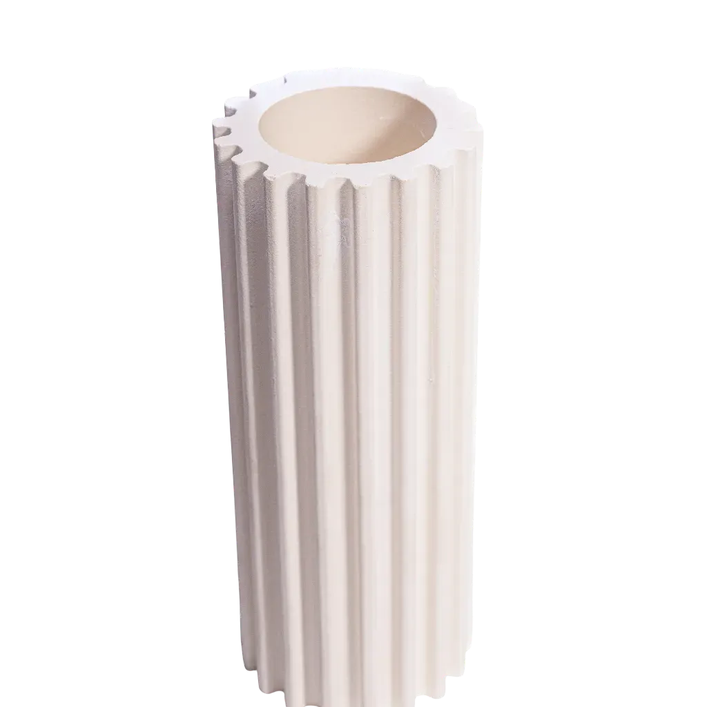 A light beige cylindrical ceramic roller with deep vertical grooves running along its entire surface.