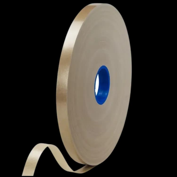 Beige Micatape roll with a blue core and a loose end unrolled.