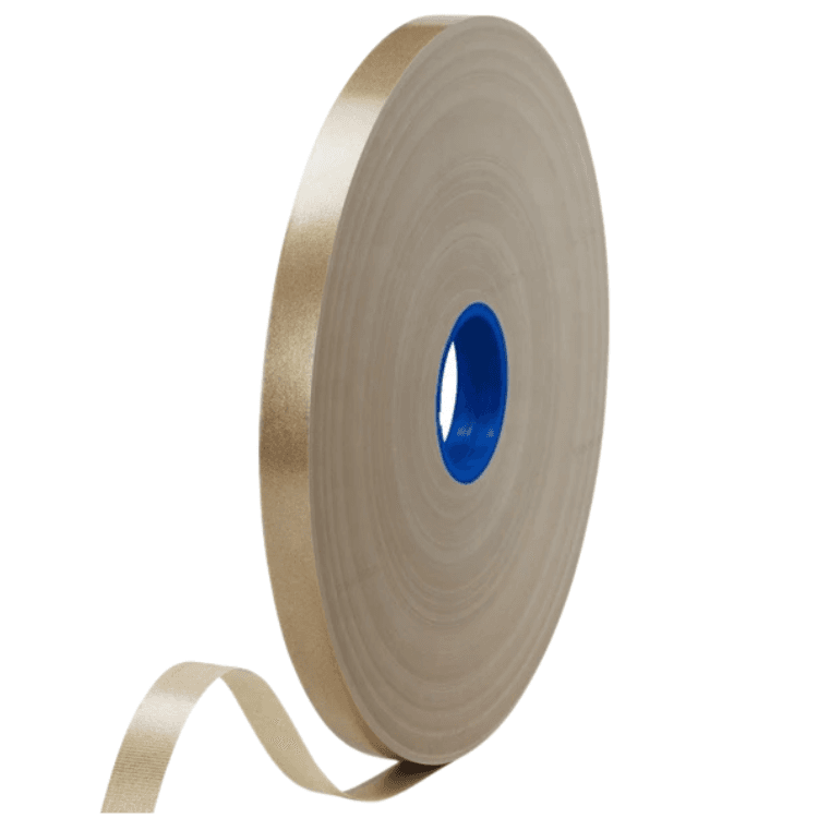 Rolo de fita adesiva bege com núcleo azul e uma ponta solta, desenrolado.